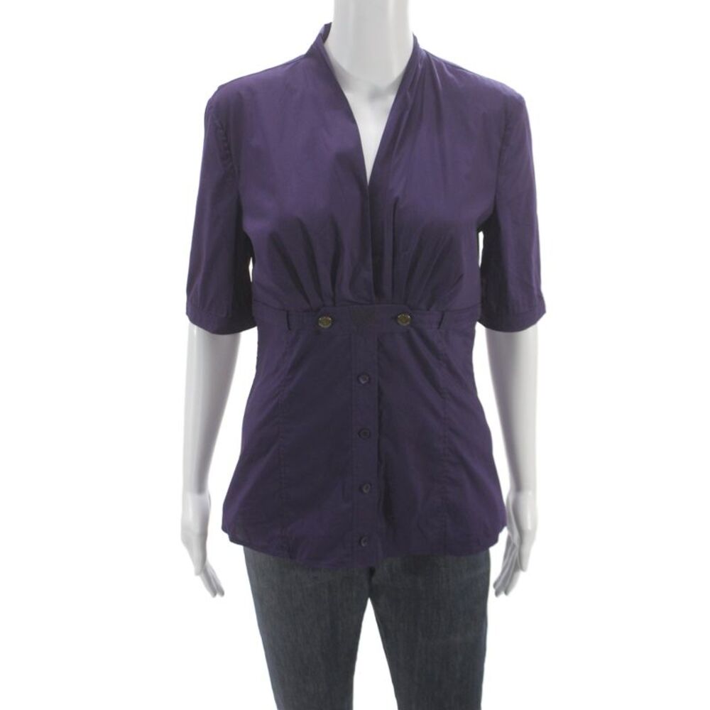 Gucci Womens Purple Mock Neck Short Sleeve Button Up Blouse Size 44